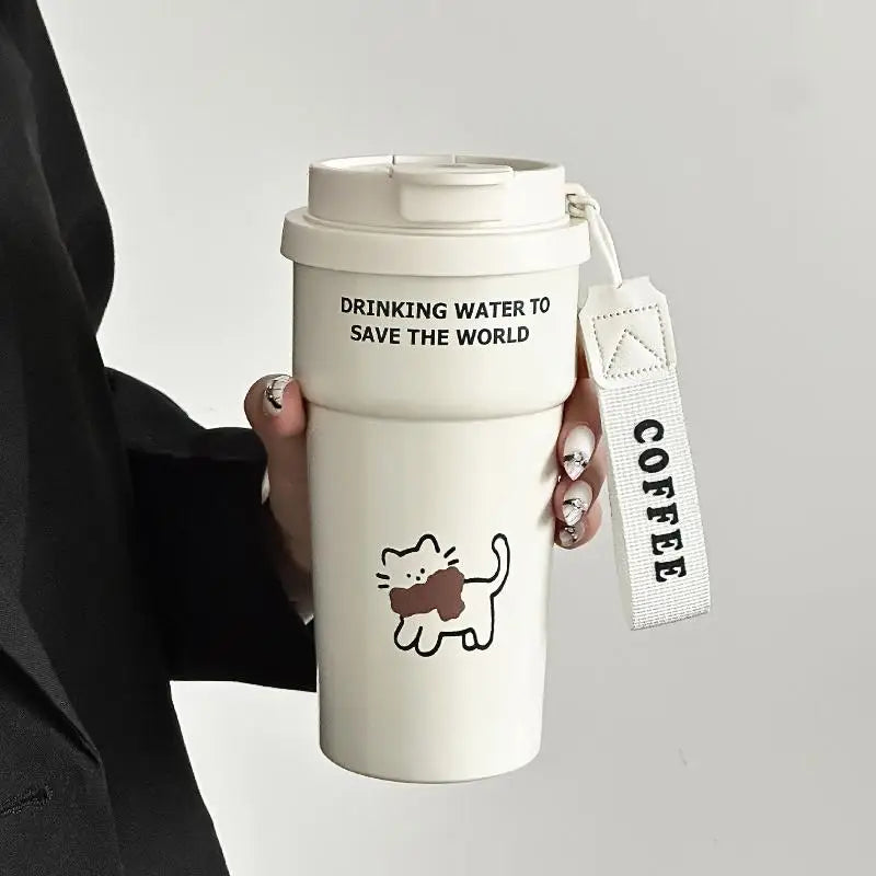 Cute Insulated Coffee Mug St Portable Dual Drink Mouth Women's High Aesthetic Value Water Cup Heat Preservation Cup Qme 401-500ml White