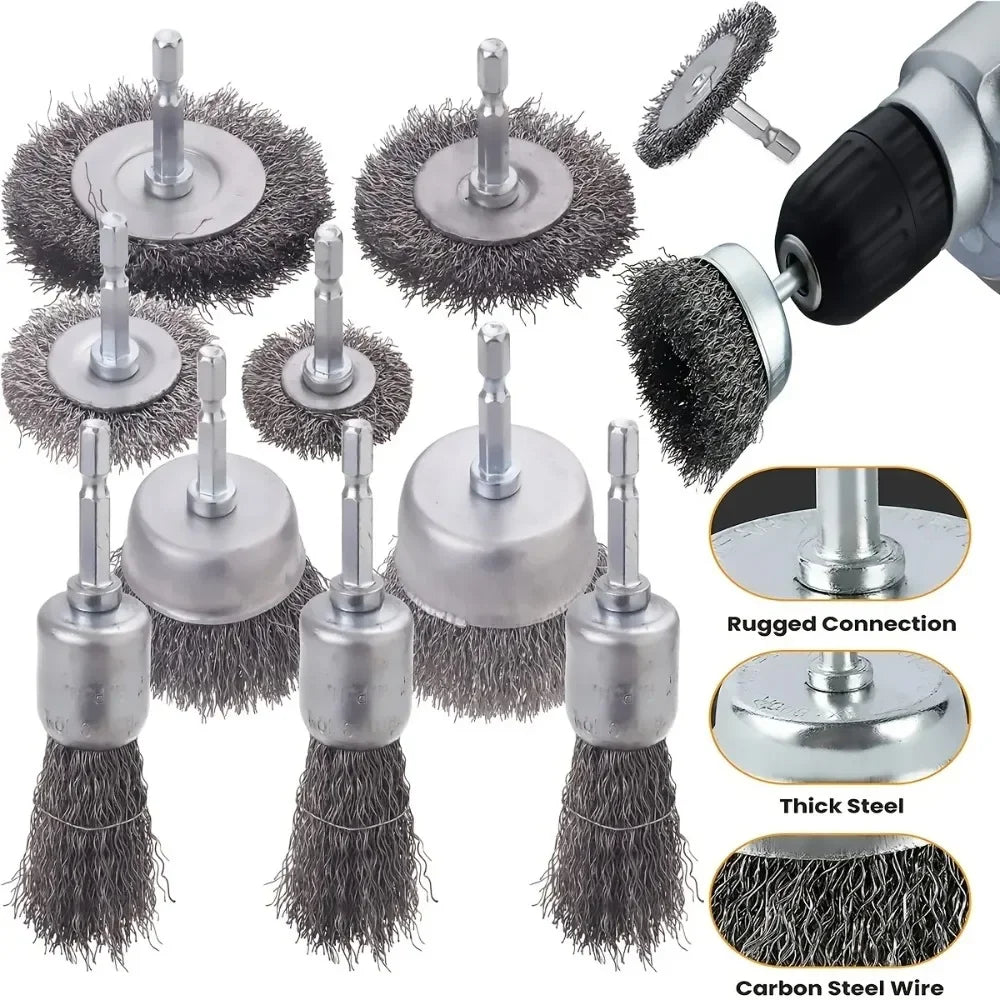 9pcs/3pcs Wire Brush Wheel Cup Brush Set Black Silk 6.35mm Hexagonal Rod Brush for Grinder Abrasive Tool Rust Removal Polishing Qme