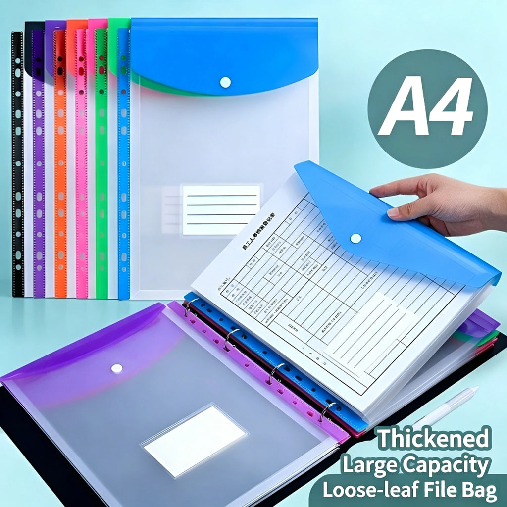 6/12Pcs A4 High-Capacity Loose-Leaf File Bags with 11-Hole Binding Rings,High Capacity Expandable Button Folder Label Pockets Qme