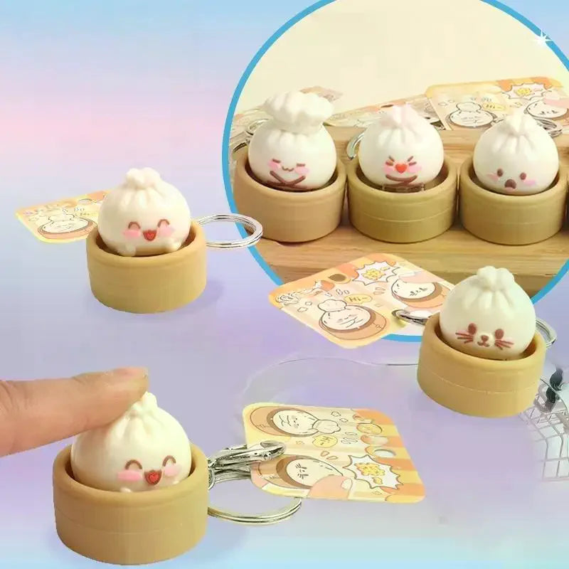 1/2Pcs Decompression Bun Clicker Keychain Mini Steamed Bun Stress Relief Toy Pendant Backpack Hanging Decoration Qme
