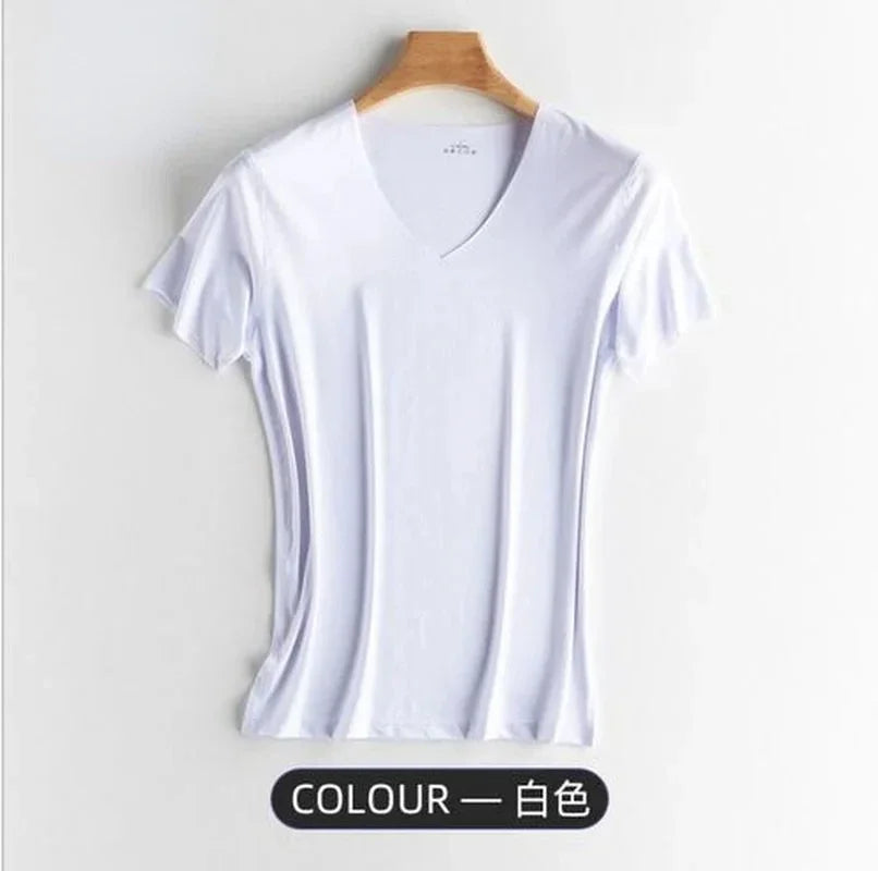 Men's Ice Silk Thin Cool Feeling V-Neck Large Size Men T-Shirt Short Sleeve Loose T-Shirt Solid Color for Male Tops Tees Qme Wt M