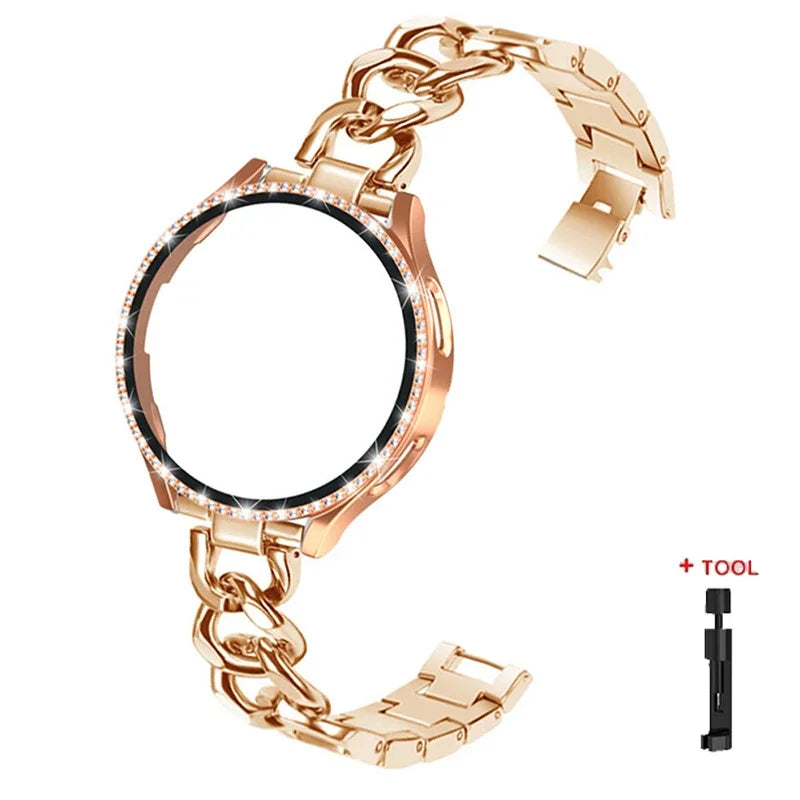 Bling Case+Bracelet for Samsung Galaxy Watch 6 5 4 40mm 44mm Metal Cowboy Chain Strap Screen protector Galaxy Watch 4 5 6 Band Qme Rose Gold galaxy watch 4 40mm