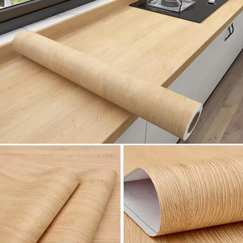 Self-Adhesive Wallpaper Wardrobe Waterproof Vinyl Solid Color Wood Grain Bedroom Cabinet Furniture Door Renovation Wall Sticker Qme
