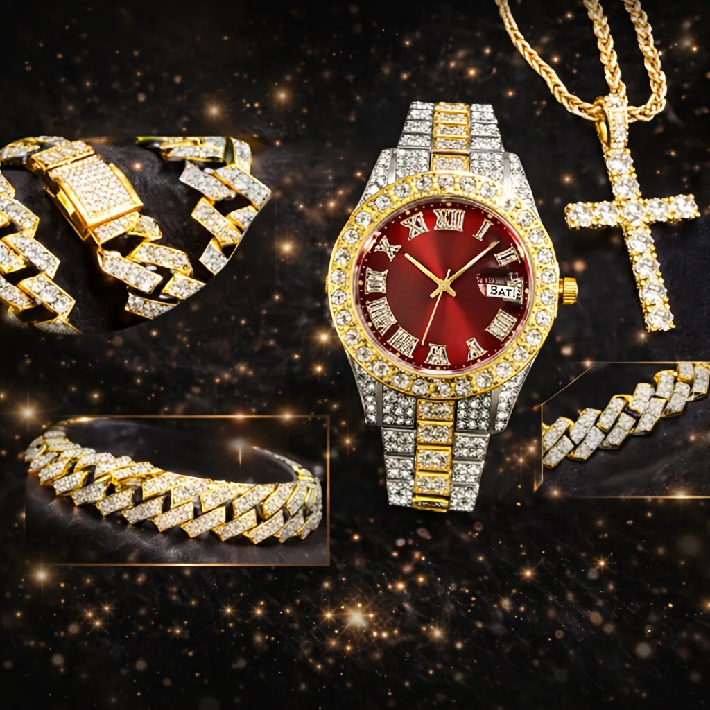 4pcs Foreign Trade Hot selling Men's Diamond Hip Hop Four Piece Set (Watch/Cuban Chain Bracelet/Necklace/Pendant) Qme