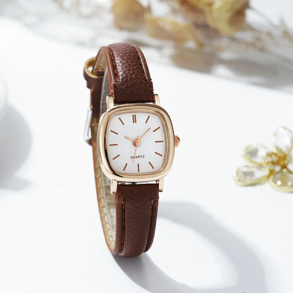Women's Minimalist Square Quartz Watch, Rose Gold Tone Case with Brown Leather Strap, Casual Fashion Accessory Qme