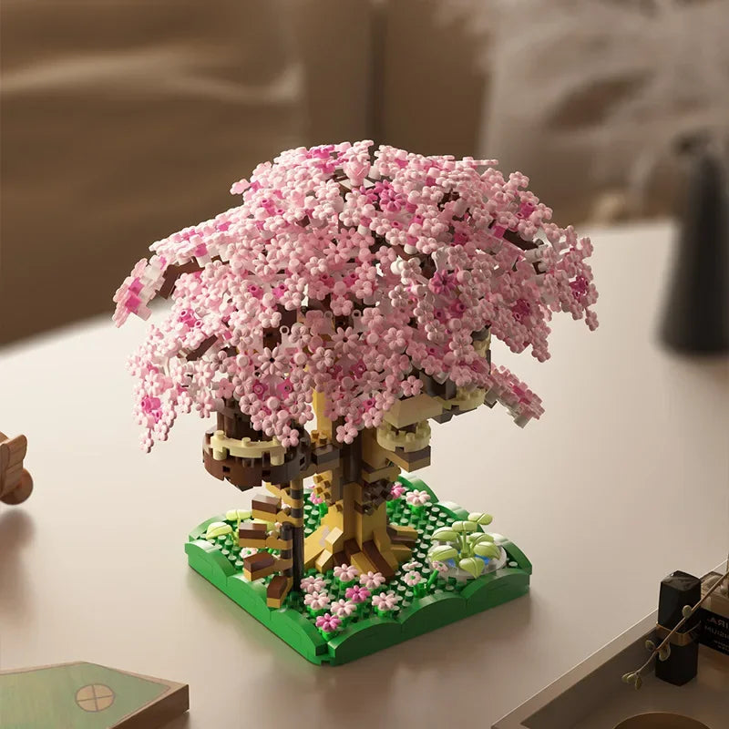 DIY Discoloration Cherry Blossom Flower Pink Tree House Train Assembly Building Blocks Classic Model Bricks Sets Kid Boy Girl Qme
