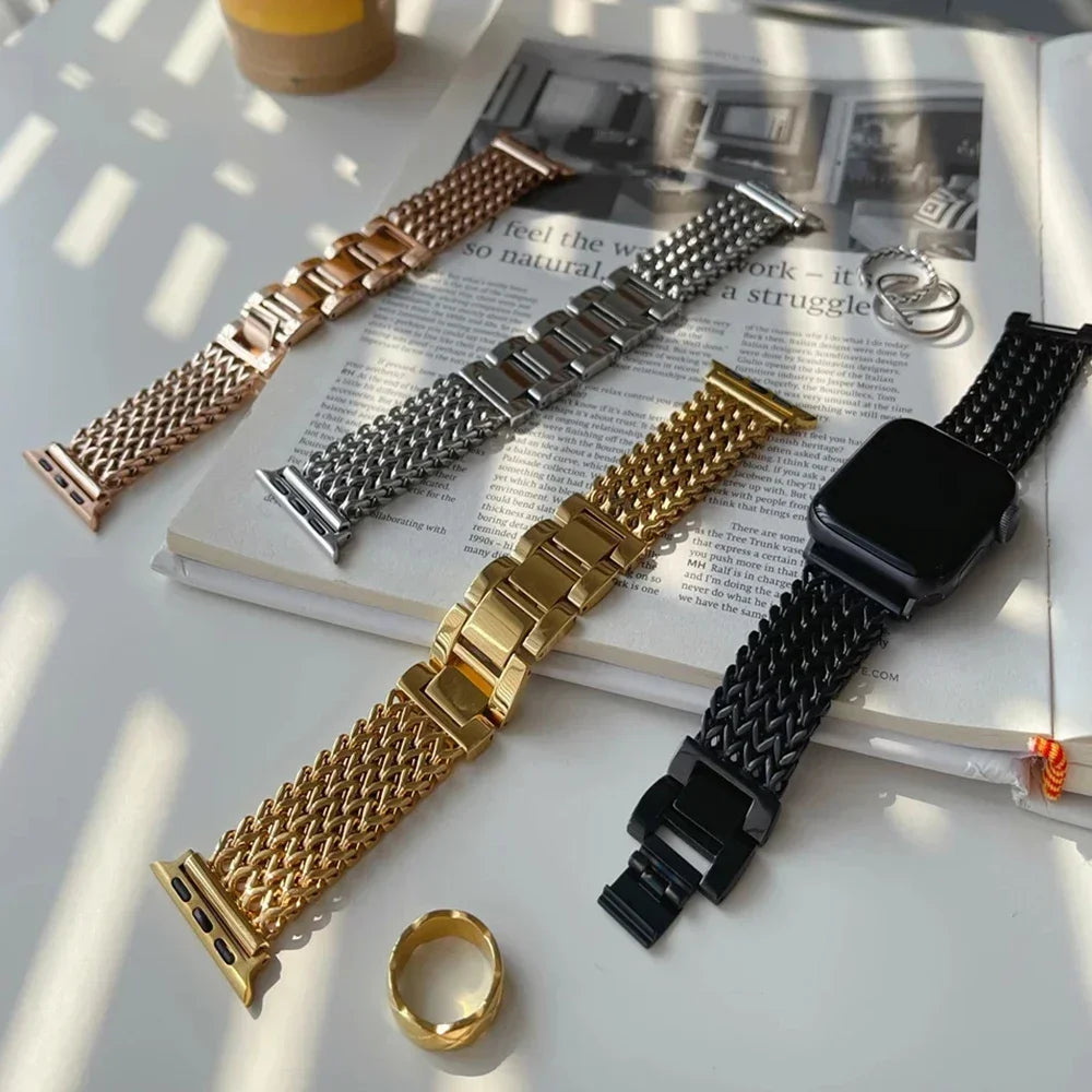 Luxury Stainless Steel Band For Apple Watch 9 8 7 6 SE 5 3 45/44/42/41mm Metal Braided Bracelet Correa iWatch Ultra 49mm 40 38mm Qme