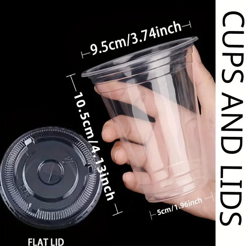 50pcs/Set 12/16OZ Plastic Cups With Lids Disposable Cups For Iced Coffee Smoothie Milkshake Cold Drinks Birthday Party Supplies Qme