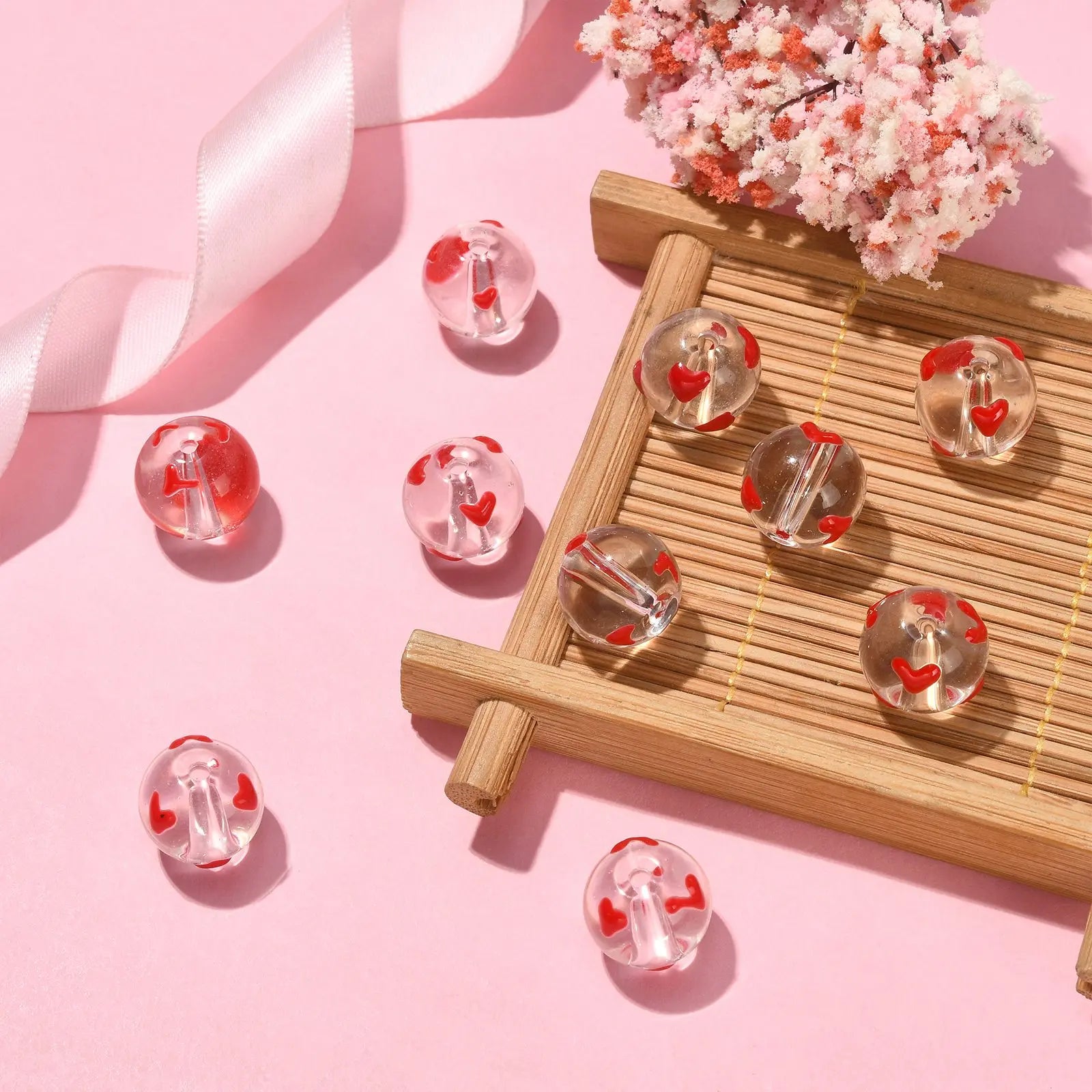 Pandahall 10Pcs Transparent Glass Round Ball Beads Handmade Enamel Glass Beads Red Sweet Heart Beads for Necklace Jewelry Making Qme