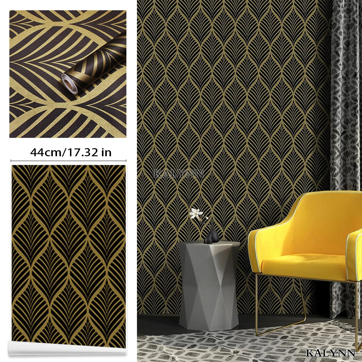 KALYNN Black Gold Art Deco Self Adhesive Wallpaper Geometric Pattern Qme