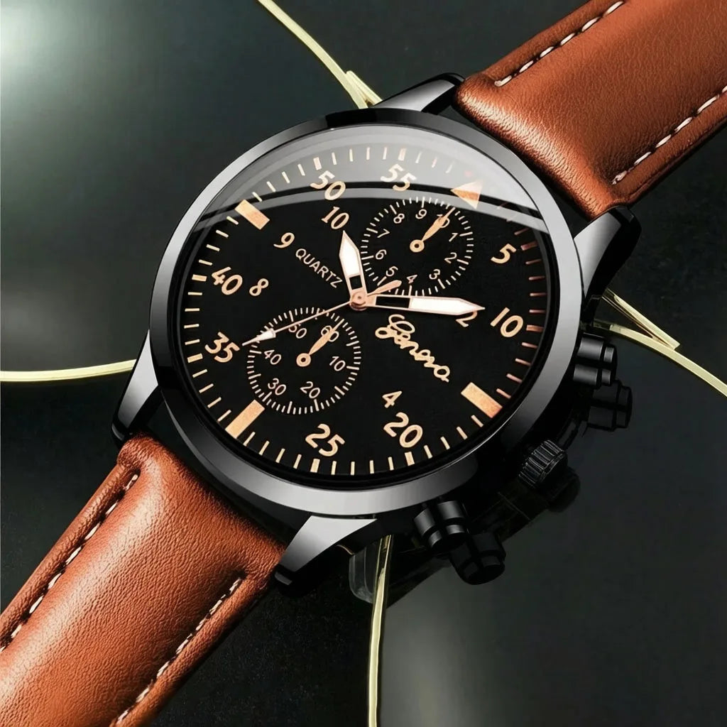 4-piece men's versatile fashion watch set, business binocular quartz watch set Qme