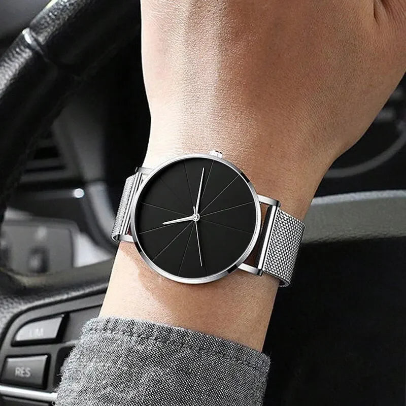 Mens Fashion Business Quartz Wristwatch Fashion Calendar Men Watch Mesh Belt Men Luxury Silver Bracelet Watches Qme