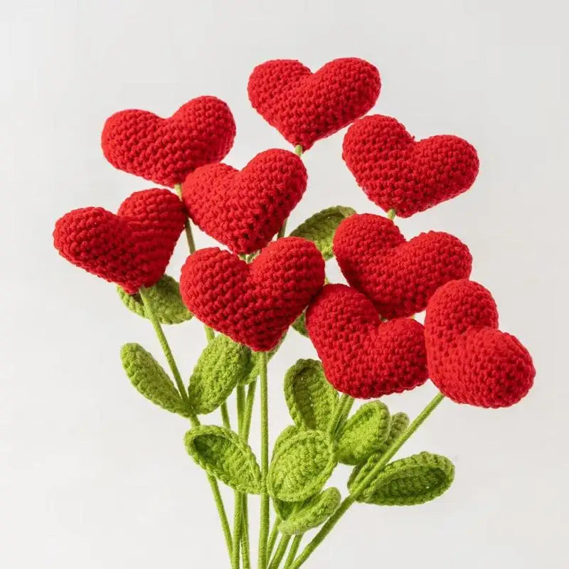 Handmade Crochet Heart Bouquet Yarn Love Flowers Green Stems Romantic Qme