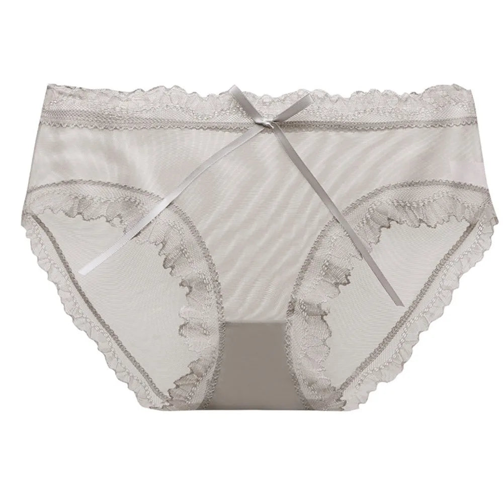 Sweet Low Waist Lace Panties Bow Cotton Crotch Mesh Briefs Ice Silk Qme Grey L 1pc