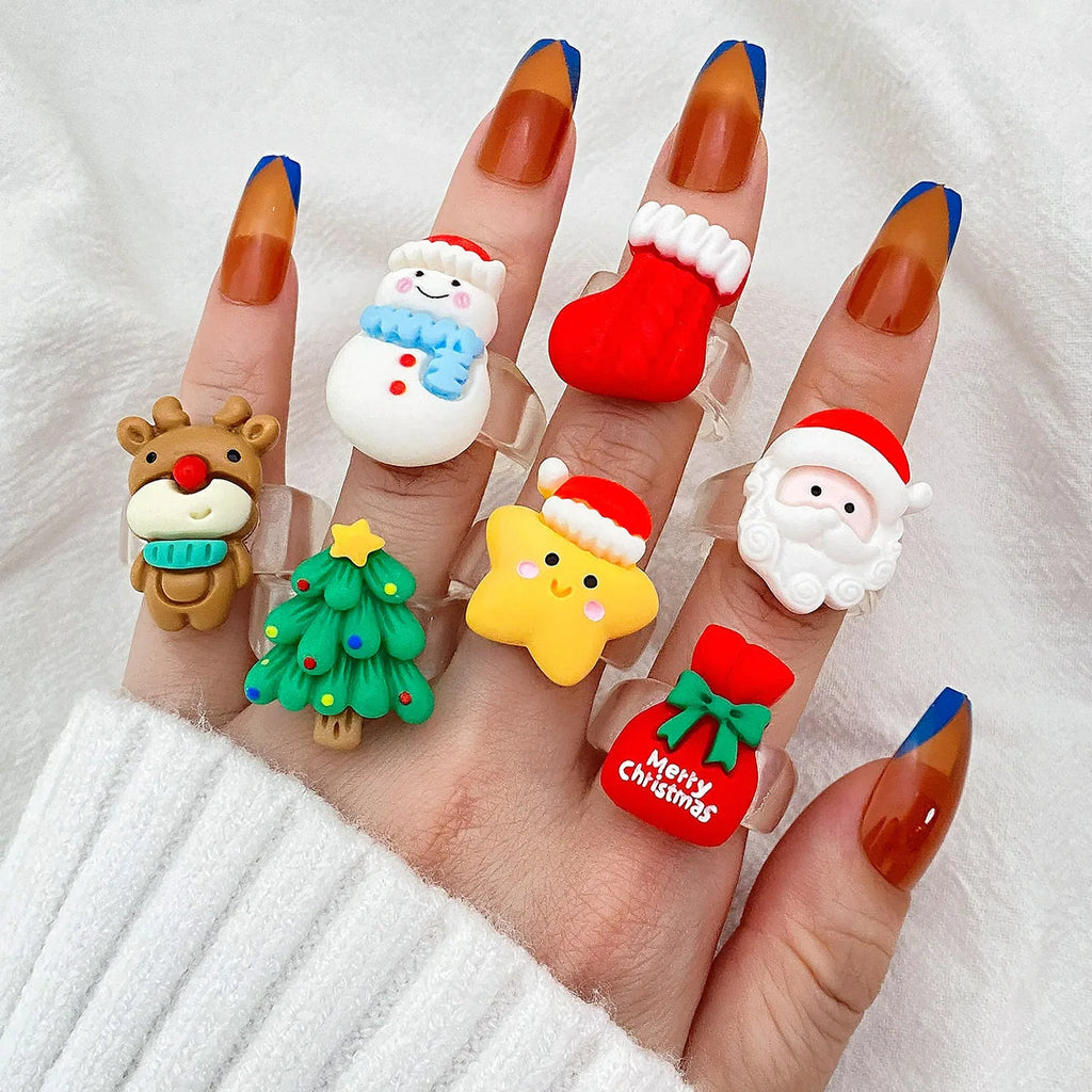 Cartoon Christmas Ring for Women Kid Cute Elk Snowman Star Tree Pendant Finger Ring Hand Party Jewelry New Year Friendship Gift Qme