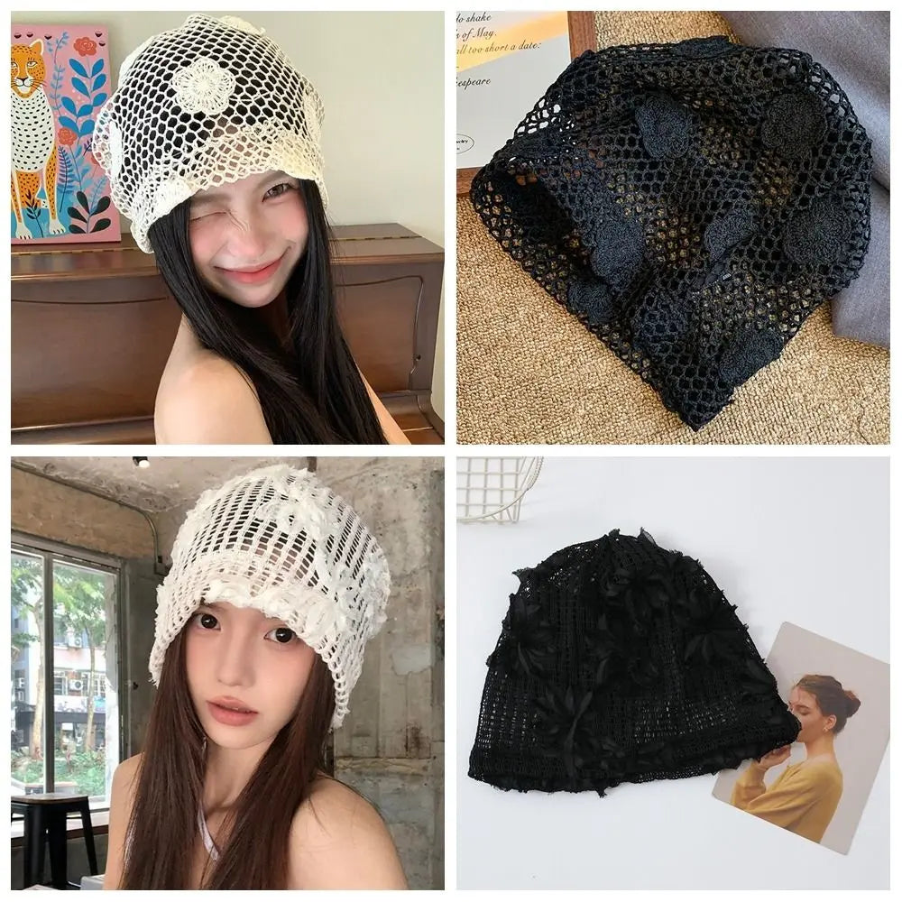 Retro Handmade Crochet Flower Hat Cute Thin Lace Beanies Korean Qme