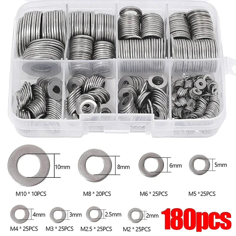 ^180Pcs Stainless Steel Washers O Ring Fasteners Gasket Set Assortment Kits M2 M2.5 M3 M4 M5 M6 M8 M10 Flat Washer Grommets Qme 180PCS