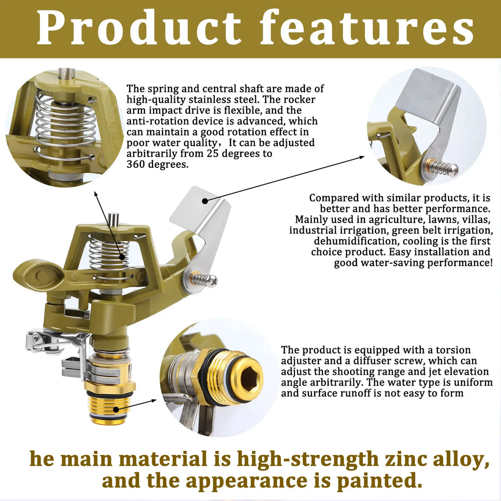 .1Pc Brass Impact Sprinkler, Heavy Duty Sprinkler Head with Nozzles,. Qme