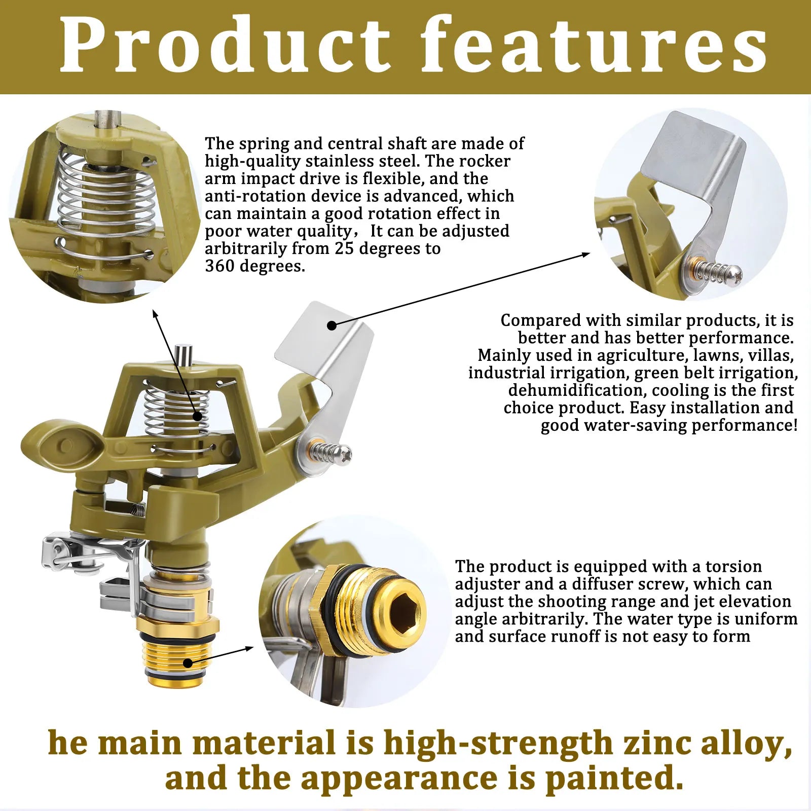 .1Pc Brass Impact Sprinkler, Heavy Duty Sprinkler Head with Nozzles,. Qme