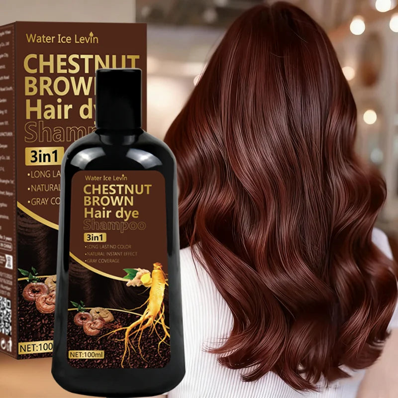 Water Ice Levin 3-in-1 Chestnut Brown Hair Dye Shampoo with Ginger & Ginseng for Instant Gray Coverage & Long-Lasting Color Qme
