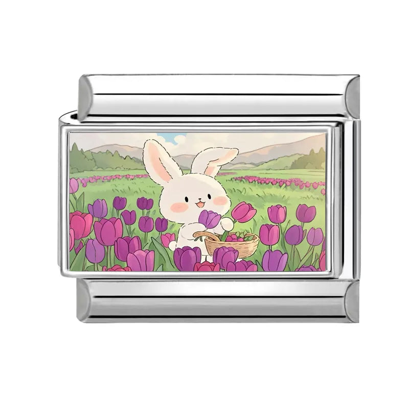 Y2K Pink Design Lovely Rabbits Tulip Flowers Strawberry Italian Charm Links 9mm Bracelets Bangle Stainless Steel DIY Making Gift Qme Style 7