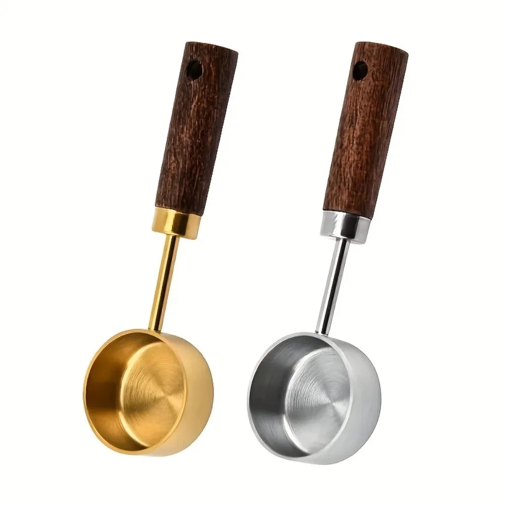 Wooden Coffee Scoop Stainless Steel Long Handle Measuring Spoon Qme Silvery and Gold