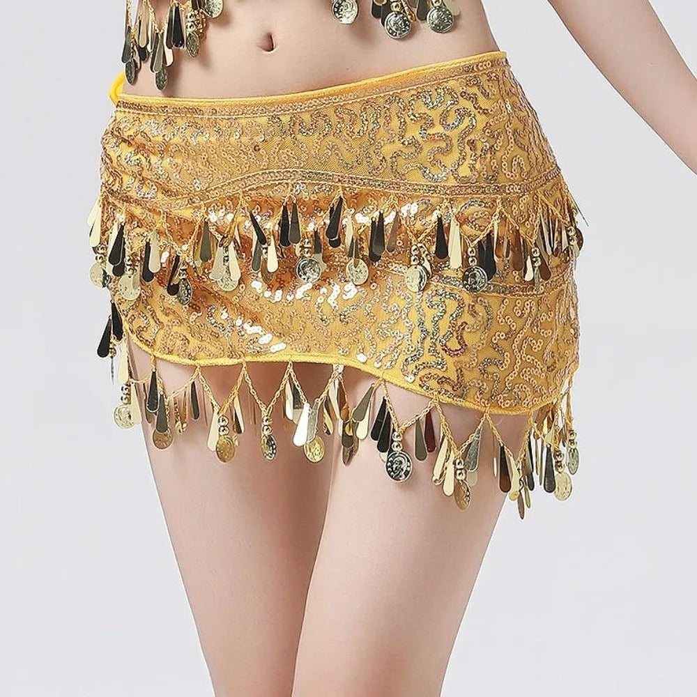 Glitter Sequins Belly Dance Waist Chain Hollow Long Tassel Dancing Waist Belt Handmade Colorful Belly Dance Waistband Qme Gold