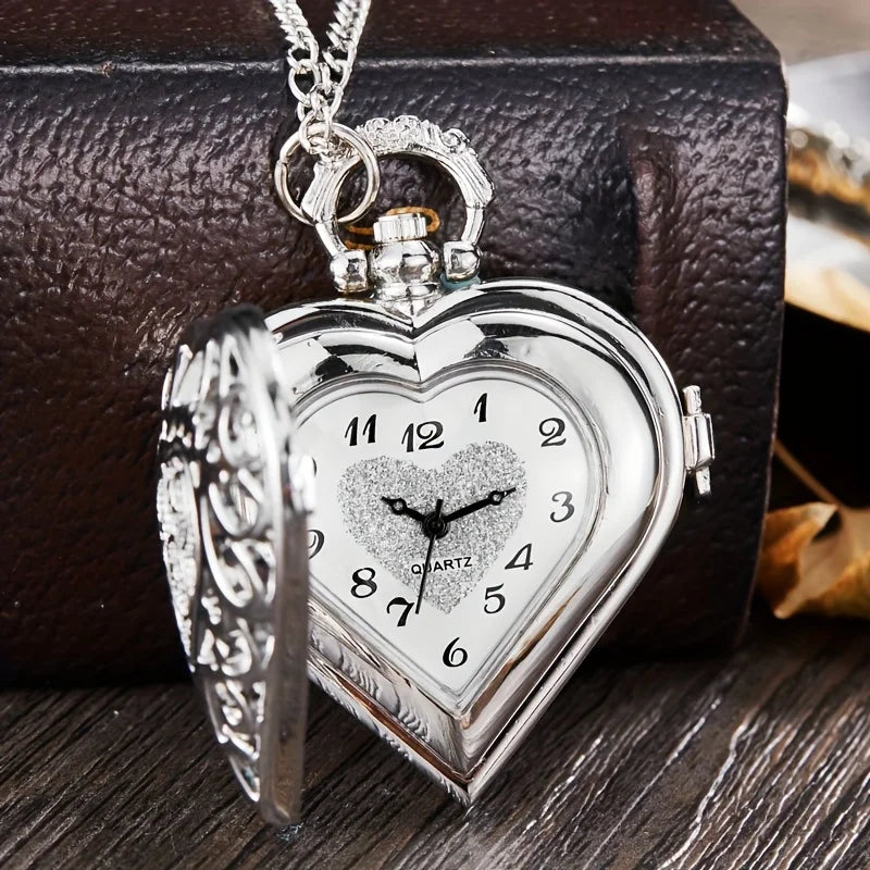 Retro Heart Pointer Quartz Pocket Watch - Hollow Out Analog Necklace Chain Pendant Watch - Perfect Valentines Gift for Her Him Qme