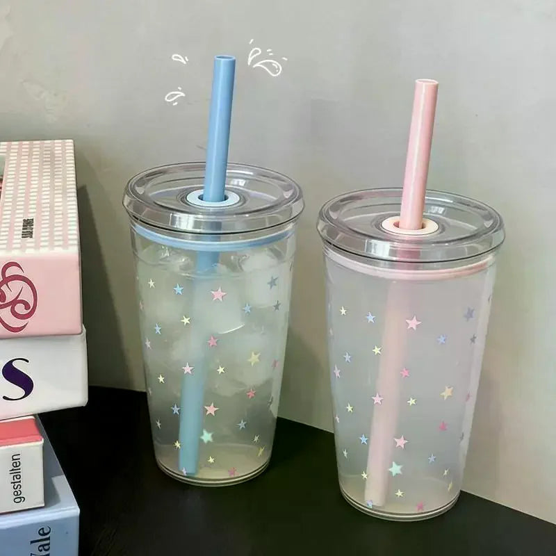 450ml Plastic Straw Cup Tea Coffee Milk Simple Straws Sweet Cute Star Cup Friend Gifts Qme
