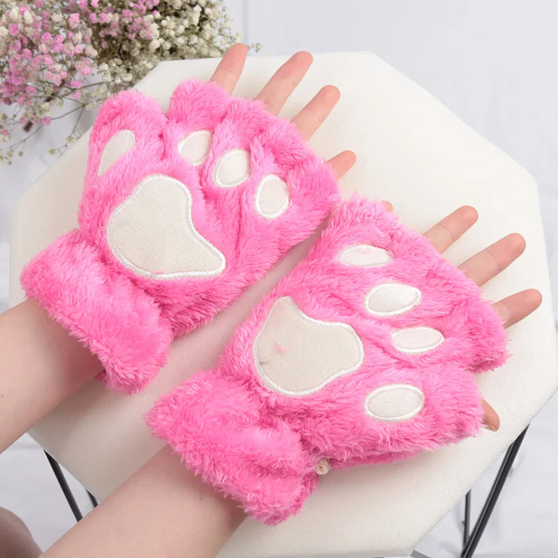 Women Cartoon Cat Claw Gloves Thickened Plush Lovely Bear Paw Exposed Qme Rose Red One Size