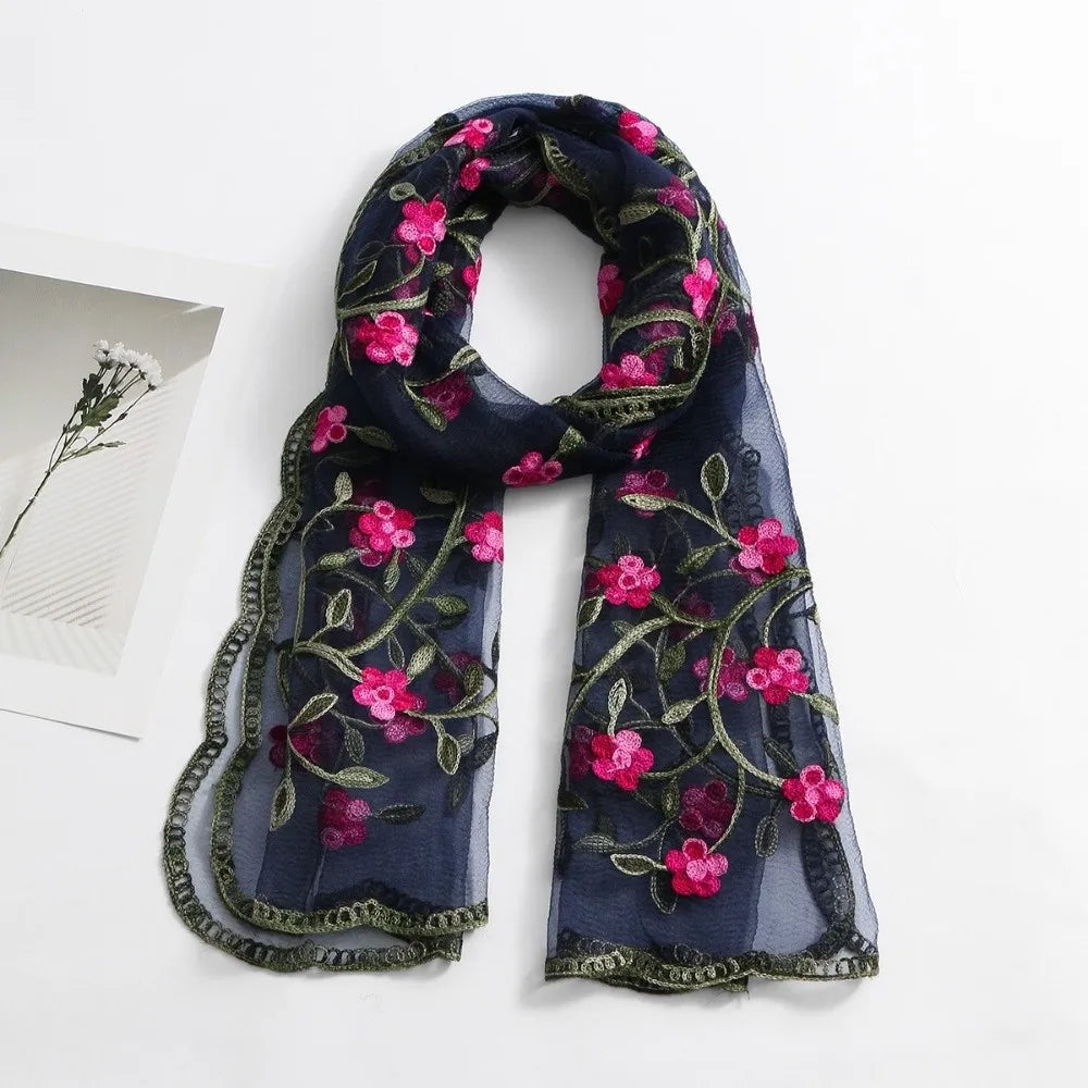 Ethnic Style Embroidered Floral Headwrap Breathable Lightweight Boho Sheer Shawl Skin-Friendly Soft Summer Hijab Qme Dark Blue