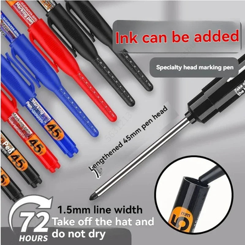 45mm Waterproof Long Head Nib Deep Hole Markers Pen Tile Carpenter Pen Multi-purpose for Woodworking Black/White/Red Ink Qme
