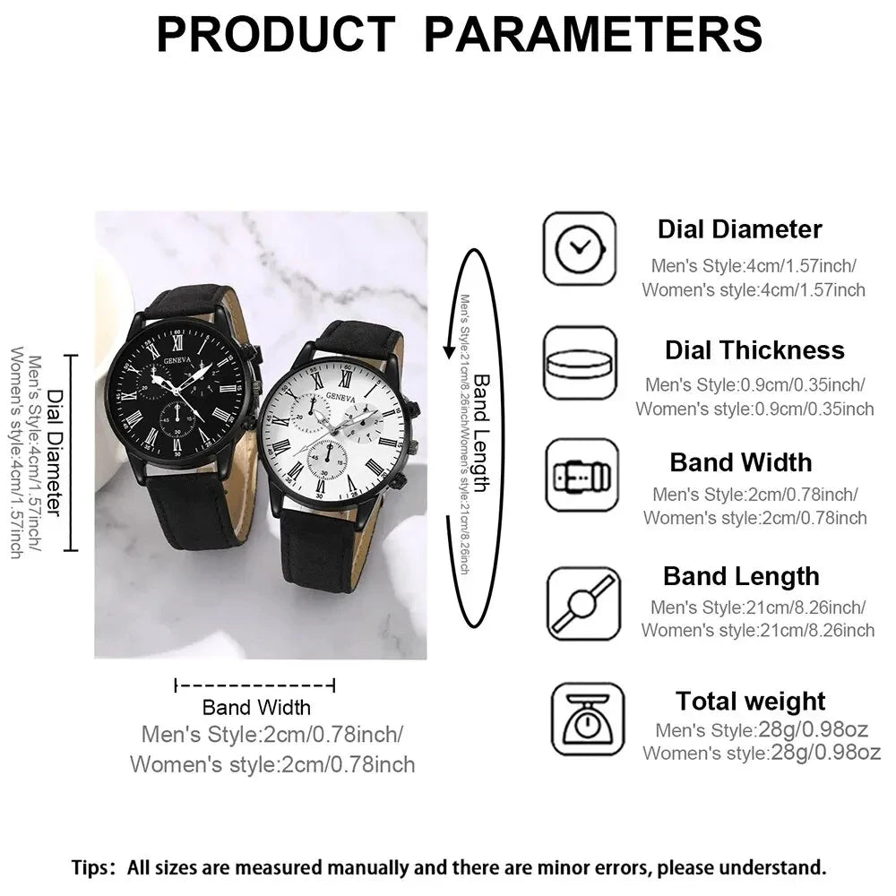 2Pcs Geneva Couple Men Watch Set Black Suede Leather Chronograph Quartz Wristwatch Roman Dial Black White Dual Face Gift Qme