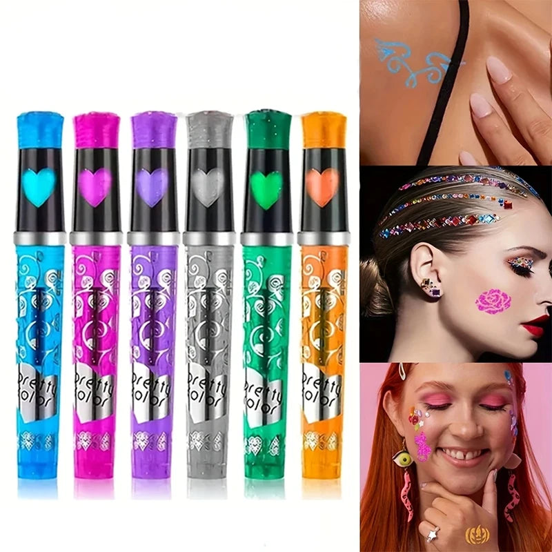 Mixed Temporary Tattoo Markers Washable Body Art Pens Rhinestone Qme 6pc