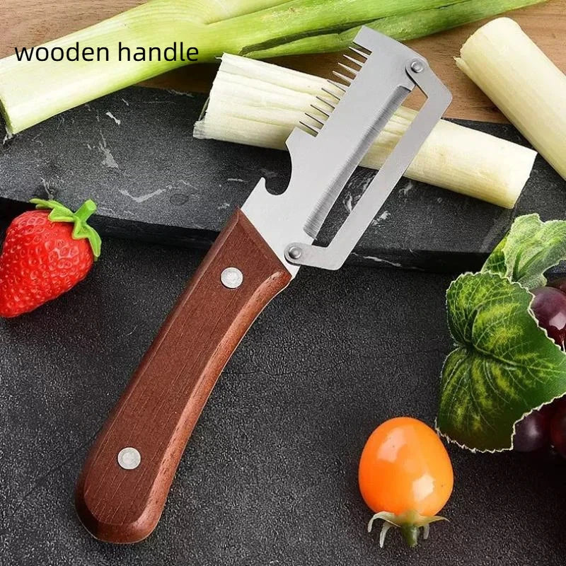 Multifunctional Stainless Steel Peeler Wooden Handle 3-in-1 Scallion Qme 2