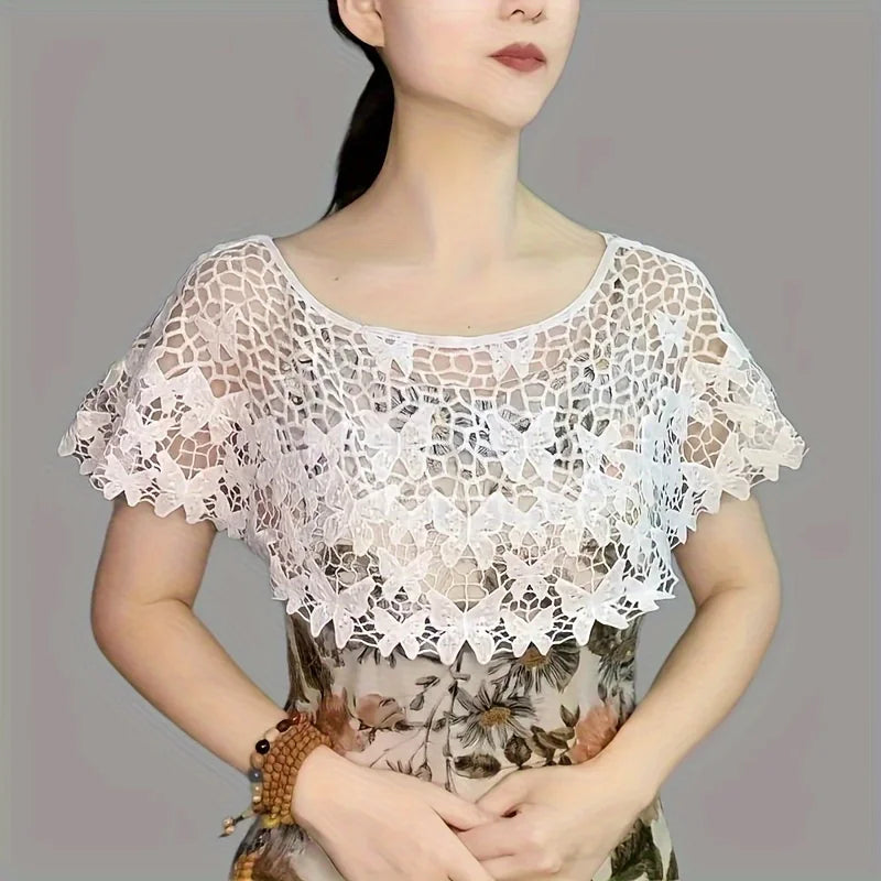 White Lace Butterfly Crochet Shawl, Hollow Out Cropped Capelet, Summer Bridal Cover Up Qme
