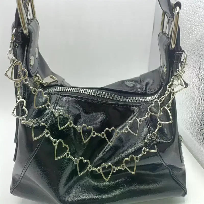 Faux Leather Shoulder Bag Silver Heart Chain Glossy Black Large Capacity for Family Gathering Outdoor Picnic Qme