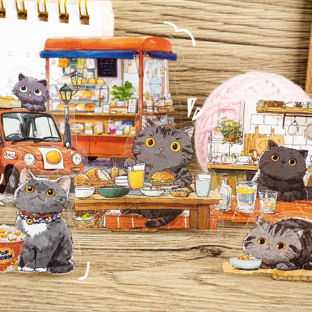 15Sheets/Bag Kawaii Cute Cartoon Cat Pet Theme PET Stickers for DIY Craft Scrapbooking Guitar Phone Case Laptop Water Bottle Dec Qme