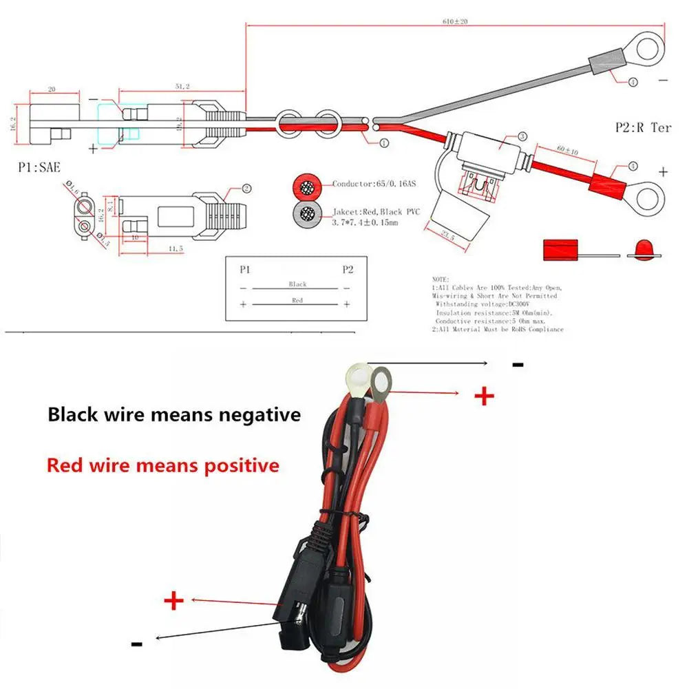 12V Charger Cable For Motorcycle Battery Terminal To SAE Quick Extension Cord Cable Connector For Battery Charger/Maintainer Qme
