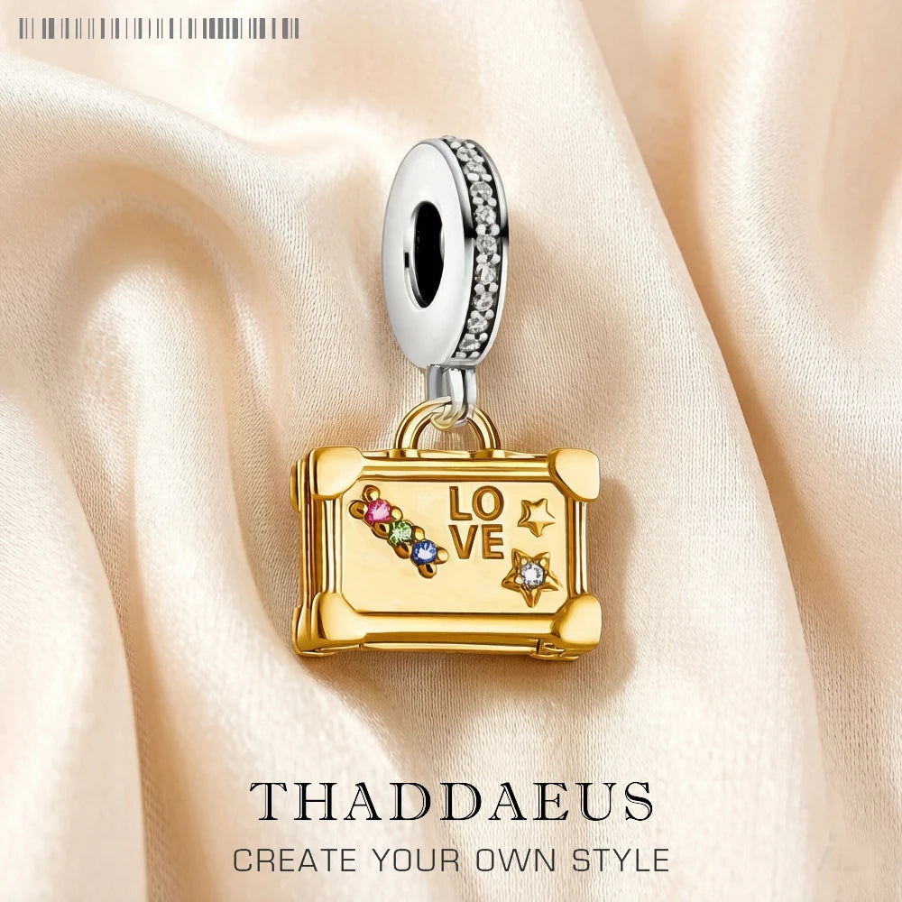 Vintage Suitcase Golden Pendant 925 Sterling Silver Dangle Charm Women Men Fine Jewelry Qme