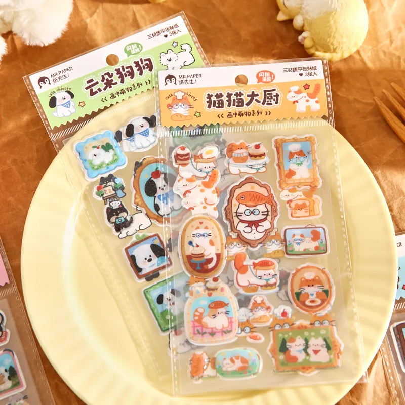 TIANZI Cute Pet Themed 3D Hand Account Dropping Adhesive Flat Stickers Pack 3/12 Pcs Aesthetic Decorative Stationery Supplies Qme E-6 Pcs