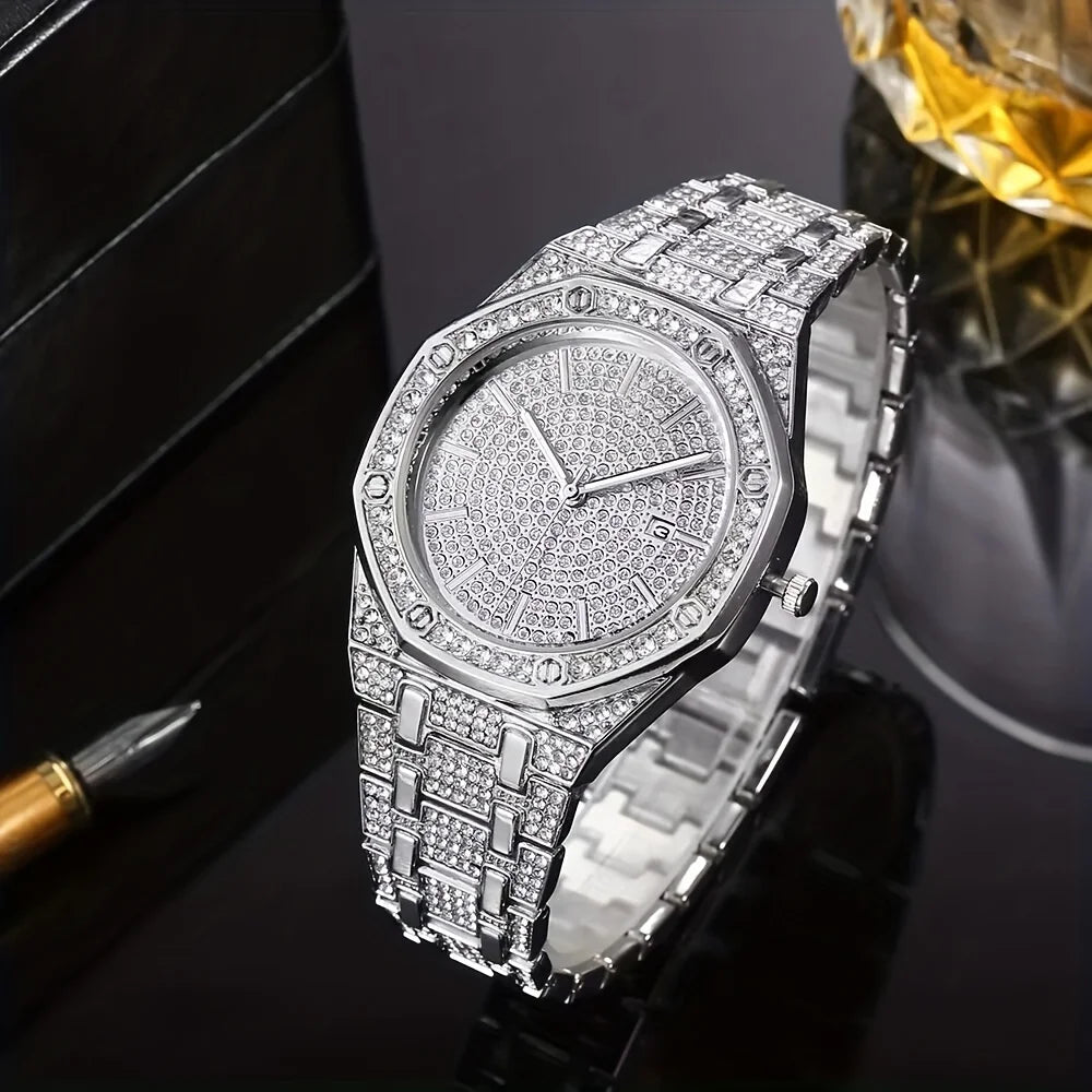 Fashion Luxury Hip Hop Diamond Style Square Men's Watch Shiny Crystal Stainless Steel Quartz Sports Men's Watch Qme