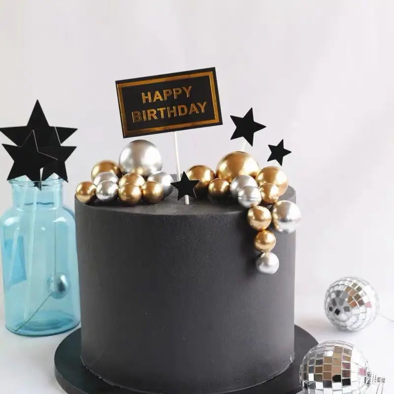 20Pcs Cake Topper Gold Silver Ball Happy Birthday Cake Topper DIY Cupcake Flag Wedding Christmas Ball Decor Birthday Decoration Qme