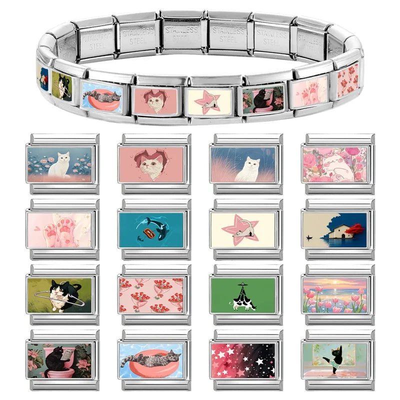 Fashion Green Grassland Daisy Flowers Cats Series Italian Charms Fit 9mm Stainless Steel Women Fashion Bracelet DIY Jewelry Gift Qme