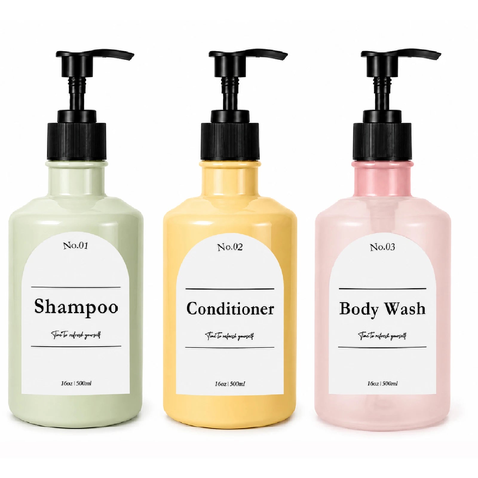 Refillable Shampoo Dispenser Bottle, 16oz 500ml Plastic Pump Bottle with Label for Conditioner, Body Wash, Liquid Soap, Bathroom Qme A