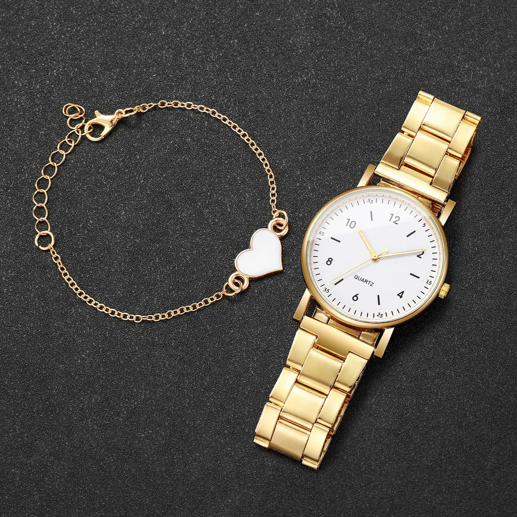 4Pcs Women’s Gold Quartz Watch Set, Minimalist Round Dial Steel Band Wrist Watch with Heart Pendant Bracelet Jewelry Gift Kit Qme