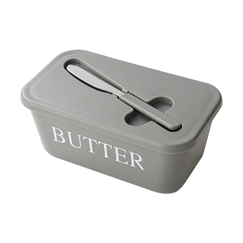 1pcs Butter Container Box with Knife Plastic Sealed Storage Box Cheese Box Oil Slicer Butter Plate Tableware Qme grey