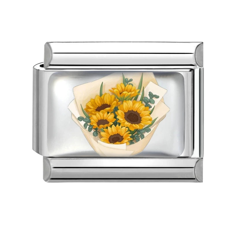Colorful Brilliant Flowers Sunflower Lotus Tulip Charm Italian Link Fit 9mm Stainless Steel Bangles DIY Making Jewelry Bracelets Qme Style 6