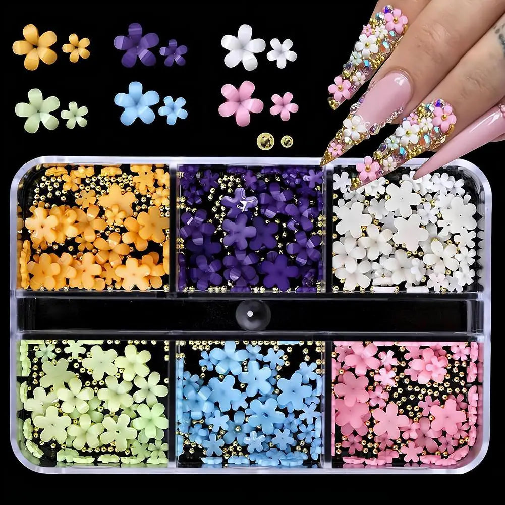 3D Acrylic Flower Nail Charms Art Cute Colorful Floral Caviar Beads Qme