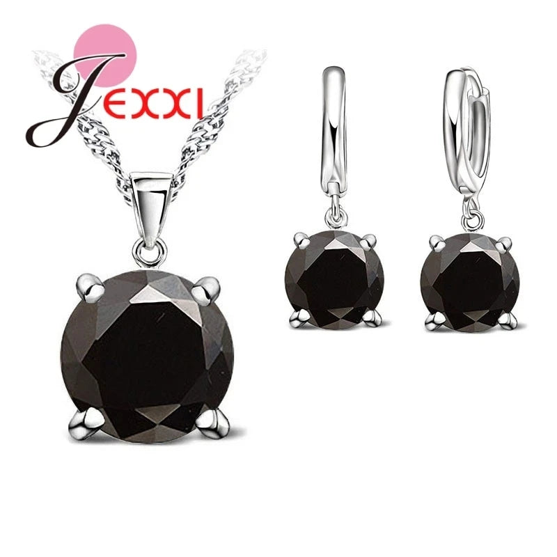 Hot Selling 4 Claws Cubic Zirconia CZ 925 Sterling Silver Color Jewelry Sets Pendant Necklace Earring for Women Wedding Sets Qme Black